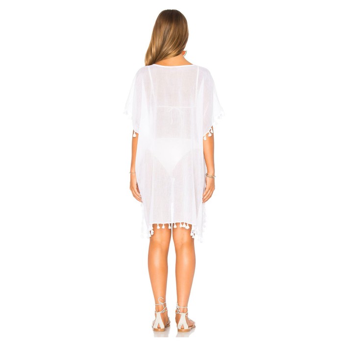 White Ladies Beach Cover with Pom Pom Trim White Ladies Beach Cover with Pom Pom Trim
