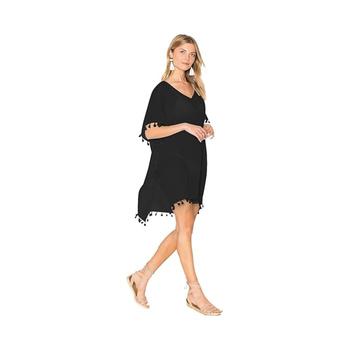 Black Ladies Beach Cover with Pom Pom Trim Black Ladies Beach Cover with Pom Pom Trim