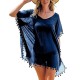 Navy blue Ladies Beach Cover with Pom Pom Trim Navy blue Ladies Beach Cover with Pom Pom Trim