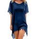 Navy blue Ladies Beach Cover with Pom Pom Trim Navy blue Ladies Beach Cover with Pom Pom Trim