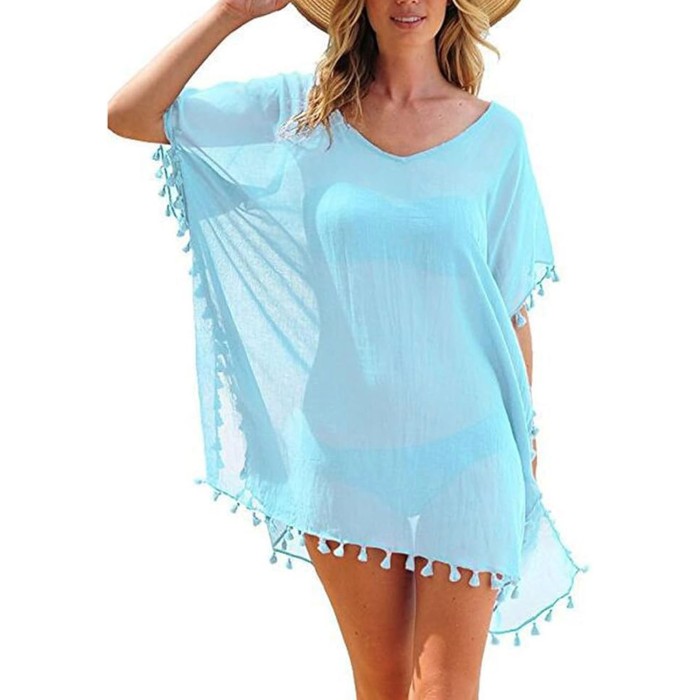 Light Blue Ladies Beach Cover with Pom Pom Trim Light Blue Ladies Beach Cover with Pom Pom Trim