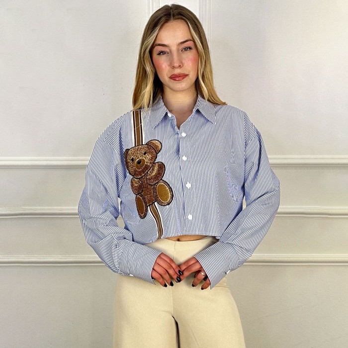Blue Striped Shirt with Bear Design Blue Striped Shirt with Bear Design