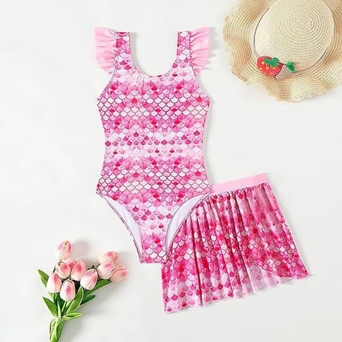 Pink Mermaid Print One Piece Swimsuit with Skirt Pink Mermaid Print One Piece Swimsuit with Skirt
