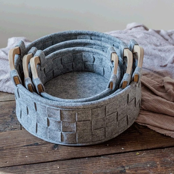 Grey Woven Round Storage Box with Wooden Handles Grey Woven Round Storage Box with Wooden Handles